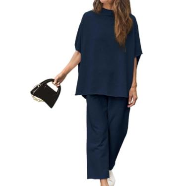 Imagem de Esmeling Conjunto feminino de duas peças, camisa de meia manga morcego e perna larga, conjunto de agasalho curto, Azul marinho, Small