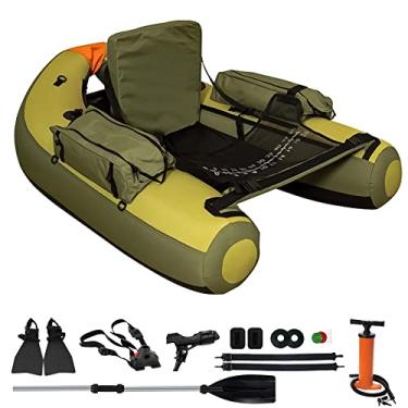 Imagem de Xproutdoor Tubo flutuante de pesca com alças ajustáveis, bolsos de armazenamento, régua de peixe, barco de pesca com mosca com bomba, remo, suporte de vara e barbatanas (verde militar, 68,8 x 51,5 x