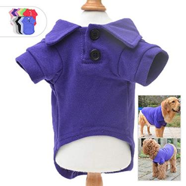 Imagem de lovelonglong Camisas polo básicas para cães de algodão premium, camisetas polo para cães grandes, médios e pequenos, com uma coleira de dois botões, cor em branco roxo PP