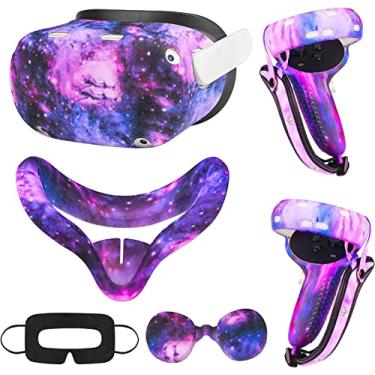 Imagem de Relohas Acessórios para Oculus Quest/Meta 2, conjunto tudo em um para Quest 2, capa de aderência de cobertura total, capa de proteção de face de realidade virtual, capa protetora de lente e capa de olho virtual descartável (roxo estrelado)