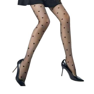 Imagem de Meia Calça Fio 15 Fina Desenhada Modelo Coração Tamanho Único 38/40