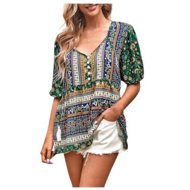 Imagem de Eisctnd Blusas e blusas femininas de verão com estampa floral Boho com cadarço e gola V camisas de verão, Verde, G