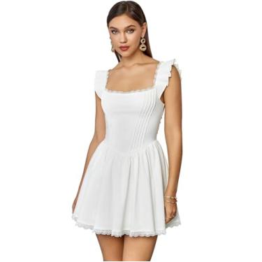 Imagem de GLNEGE Vestido feminino com decote quadrado mini espartilho curto com babados manga evasê vestidos de festa bonitos na moda, Branco, PP