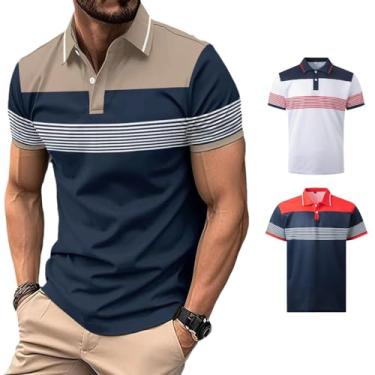 Imagem de 3 pçs/conjunto camisa polo masculina color block listrado manga curta lapela golfe camiseta casual gola V, Cáqui + branco + vermelho, M