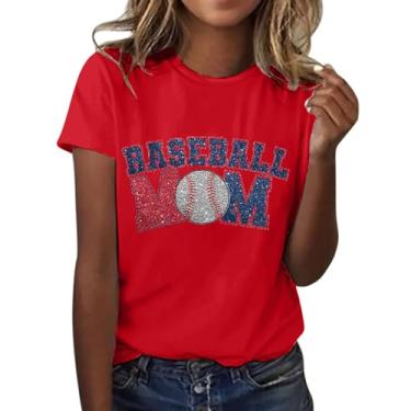 Imagem de Camiseta feminina de beisebol com estampa de beisebol de manga curta e gola redonda, leve, macia, casual, Vermelho, 3G