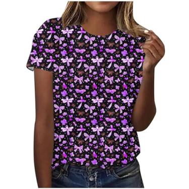 Imagem de Camiseta feminina de conscientização de Alzheimers roxo borboleta estampada blusas casuais de verão camisetas de manga curta gola redonda, Cinza escuro, G
