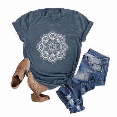Imagem de Anbech Camisetas femininas com estampa de flor de lótus, manga curta, flores silvestres, Poeirado, M