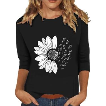 Imagem de Camiseta feminina com estampa floral, manga 3/4, gola redonda, caimento solto, casual, confortável, túnica para treino, Preto, XXG