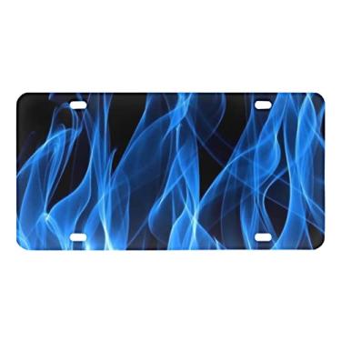 Imagem de GOSTONG Placa de carro com estampa de chamas azuis metal para homens mulheres design elegante capa de placa de licença de alumínio suporte dianteiro e traseiro acessórios de carro protetor universal ajuste a maioria dos carros, SUV