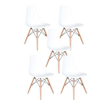 Imagem de Decoreshop, Conjunto Kit 5 Cadeiras Charles Eames Eiffel DKR, Cozinha, Sala de Jantar, restaurante - assento em polipropileno com pés palito em madeira clara (Branco)