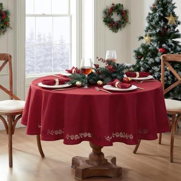 Imagem de Elrene Home Fashions Poinsétia Noel Toalha de mesa de tecido de férias corte a laser, 177 x 170 redonda, Poinsétia vermelha