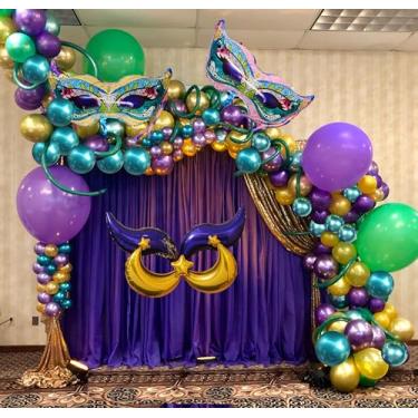 Imagem de 108 Pcs Mardi Gras Balloons Garland Arch Kit Metallic Purple Green Gold Balloons Mask Sign Foil Balloons for Mardi Gras Masquerade New Orleans Party Tuesday Carnival Birthday Party Decorations