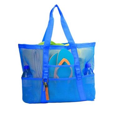 Imagem de TOPASION Sacola de praia grande de malha leve para brinquedos de areia, sacolas de compras de viagem em família, sacolas de compras reutilizáveis, Azul escuro, Large