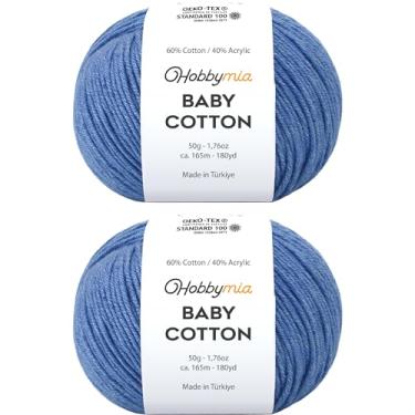 Imagem de HobbyMia Fio de algodão para bebês para crochê - 50 g / 180 m - (2) fio fino, peso esportivo - fio Amigurumi macio para linha de crochê - 60% algodão e 40% acrílico (azul jeans, 2 bolas)