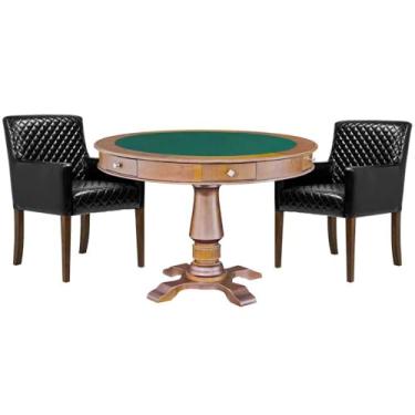 Imagem de Mesa de Jogos Carteado Victoria Redonda Tampo Reversível Amêndoa com Kit 2 Cadeiras Liverpool PU Preto Matelassê - Gran Belo
