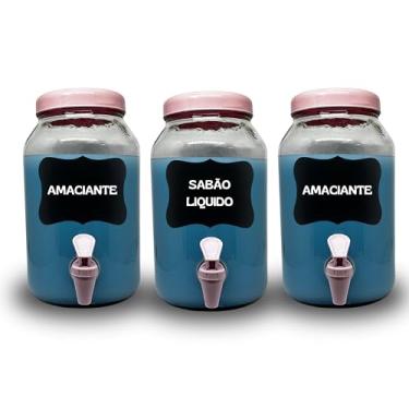 Imagem de KIT LAVANDERIA 3 POTES COM TORNEIRA PARA SABÃO LIQUIDO, AMACIANTE E ALVEJANTE, AMBOS COM 3 LITROS COM LOUSA E GIZ