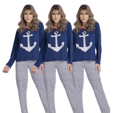 Imagem de Kit 5 Pijamas Malha Feminino Longo Âncora Calça e Blusa Inverno - Bell