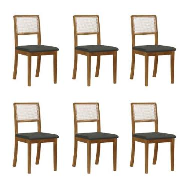 Imagem de Kit 6 Cadeiras de Jantar Luxo Palha Estofadas Linho Chumbo Encosto Tel
