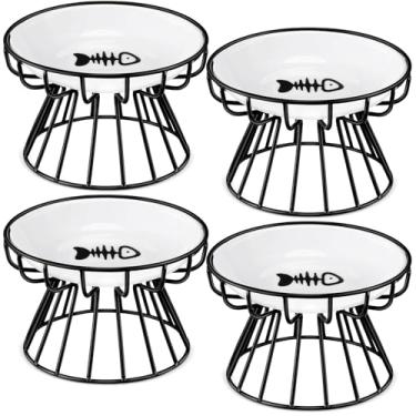 Imagem de Roshtia 4 conjuntos de tigelas elevadas de cerâmica para gatos com suporte de metal para lava-louças, pratos antiderrapantes para alimentos elevados (preto, espinha de peixe)