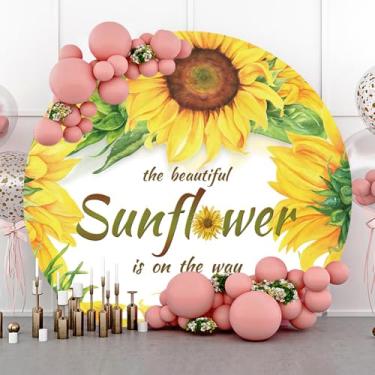 Imagem de ChloropLastid Capas de fundo redondas de chá de bebê de girassol de 2,2 m. O lindo girassol está a caminho fundo de foto circular para decoração de festa de aniversário revelação de gênero, banner,