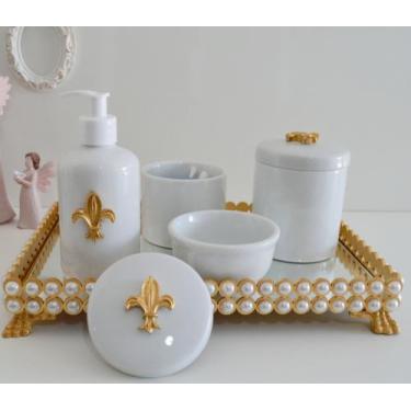 Imagem de Kit Higiene Bebê K056 Porcelana Bandeja Pérola Dourado Banho Cuidado Q
