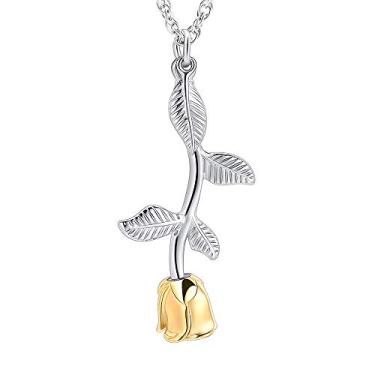 Imagem de shajwo Colar de urna de flor de rosa, joia de cremação para cinzas para mulheres, meninas, urna, pingente de lembrança, humano, animal de estimação, porta-medalhão, Metal, aço inoxidável