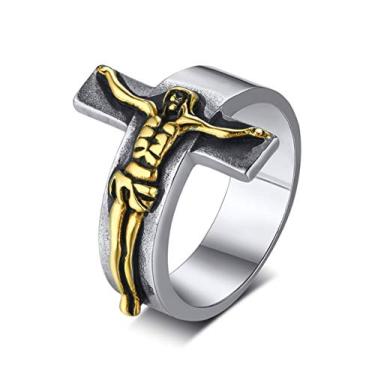 Imagem de Blowin Anel de crucifixo de cristo religioso de aço inoxidável vintage religião Jesus crucifixo para homens e mulheres, ouro prata, Aço inoxidável