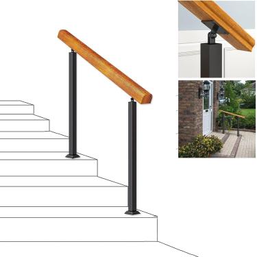 Imagem de Kit de corrimão de escada de 1 a 4 degraus Trilhos de mão de ferro forjado para degraus, trilho de mão de segurança da varanda frontal de madeira, trilho de deck de lofts de corredor de jard