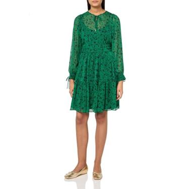 Imagem de Tommy Hilfiger Vestido feminino com gola e punho e manga balão comprimento até o joelho, Verde abundante multi, 36