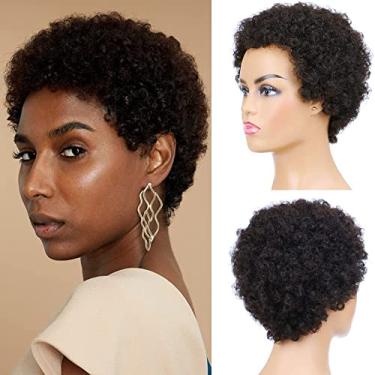 Imagem de Perucas curtas de cabelo humano cacheado afro para mulheres, peruca cheia e fofa feita à máquina, cabelo humano com aparência natural, sem cola, cor preta (afro)