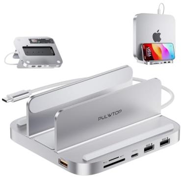 Imagem de PULWTOP Mac mini Hub M1 M2 com gabinete SSD M.2 (não para M4 2024), suporte vertical 8 em 1 para Mac mini Dock com USB A/C 3.2 10 Gbps, 2 x USB A 2.0, compartimentos SD/TF, conector de microfone de
