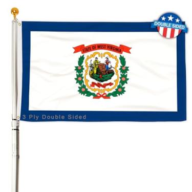 Imagem de Bandeira do estado da Virgínia Ocidental de 3 camadas 6,5 x 9,5 m 150D poliéster dupla face resistente ao ar livre cores vivas com cabeçalho de lona durável e 2 ilhós de latão