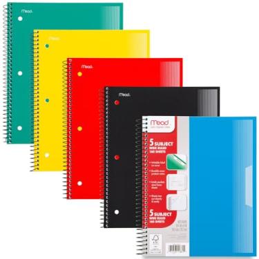Imagem de Mead Cadernos espirais, pacote com 5, 5 materiais, papel pautado largo, capa de plástico, 20,32 cm x 26,8 cm, 160 folhas, preto, amarelo, vermelho, azul e verde (930101A-ECM)