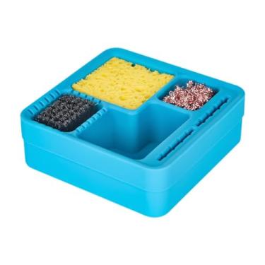 Imagem de IEUDNS Caixa de de escória de estanho Limpador de ponta de solda Esponja de solda Suporte de ferro de solda Suporte de lata Bandeja de armazenamento, Azul