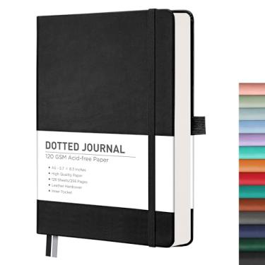 Imagem de RETTACY Caderno de diário pontilhado, 256 páginas, tamanho médio A5 (14 cm × 21 cm), capa dura de couro, papel grosso 120 GSM, para diário de balas, planejamento, rastreamento (preto)