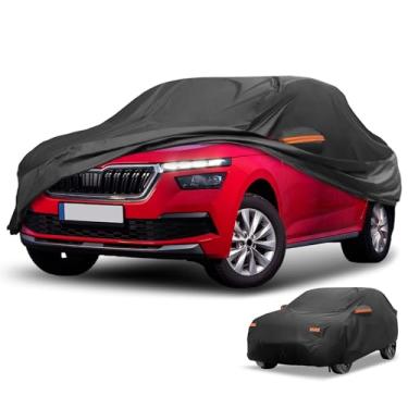 Imagem de Partuto Capa de carro à prova d'água para todos os climas, automotiva, externa, anti-UV, proteção contra chuva e sol, cobertura externa completa para Skoda Karoq 2017-2023 190T-PU preta com tiras