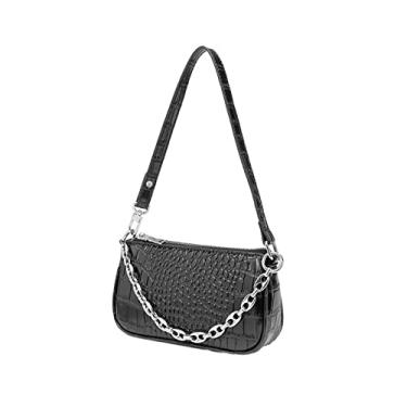 Imagem de Bolsas da moda para mulheres Bolsas femininas de couro PU Bolsas de ombro com corrente Pequena bolsa preta(Black)