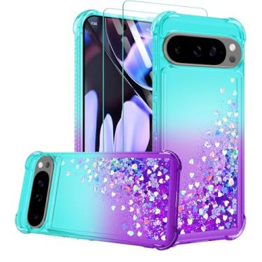Imagem de Capa de celular para Google Pixel 9/Pixel 9 Pro com protetor de tela *2, capa para Pixel 9/9 Pro, fofa e transparente, coração líquido, glitter, macio, TPU (poliuretano termoplástico), proteção à