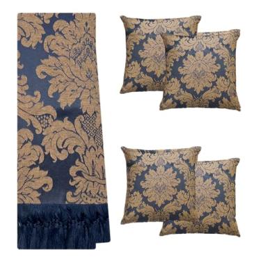 Imagem de Jogo Manta Xale para Sofá Artesanal com Franjas Grande 3 Metros e 4 Capas de almofadas (401 MARINHO E MARROM CLARO)