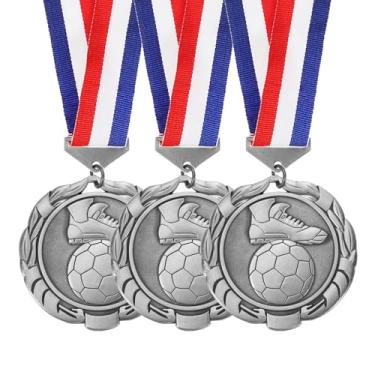Imagem de PATIKIL Medalha de prêmio de 3 peças, troféu de medalhas de futebol de 7,6 cm com fita de pescoço liso Prêmios de lembrancinha de festa de futebol para competições de reuniões esportivas, prata