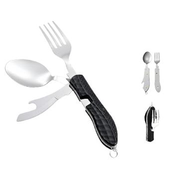 Imagem de Talheres de acampamento, faca de garfo, colher de aço inoxidável, abridor de garrafas, combo 4 em 1, talheres dobráveis destacáveis, ideais para mochilão, caminhada, pesca, escotismo, preto