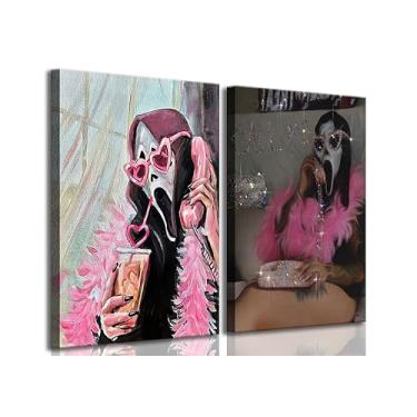 Imagem de 2 peças de máscara de fantasmas de Halloween arte de parede moderna rosa acadêmica gótica romântica fantasma decoração de parede imagens de terror engraçadas cartazes em tela para corredor banheiro