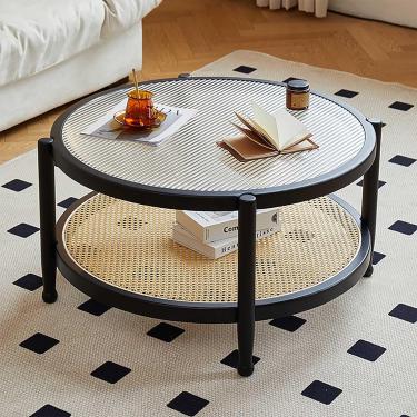 Imagem de Mesa de centro de vidro pequena com prateleira de armazenamento Rattan 80cm - Mesa de centro moderna de madeira de fazenda para sala de estar - Fácil montagem, preta