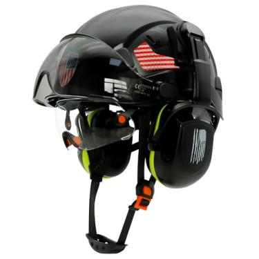 Imagem de Perldverge Capacete rígido de construção com viseira dupla e proteção de ouvido - Chapéus rígidos pretos aprovados pela OSHA com protetor facial, viseira solar e protetores de orelha, capacete de