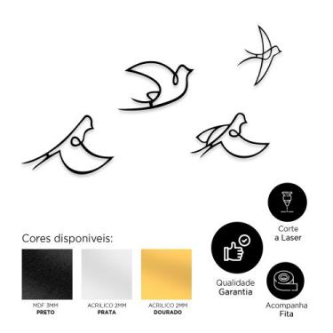 Imagem de  Decoração Kit 4 Pássaros MDF Escultura Parede Minimalista  - DK Decor