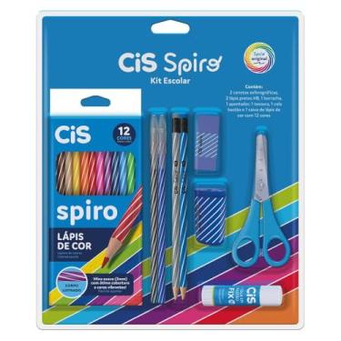 Imagem de Kit Escolar CIS Spiro 9 peças - 2 canetas esferográficas, 2 lápis pretos HB, 1 borracha, 1 apontador, 1 tesoura, 1 cola bastão e 1 caixa de lápis de cor com 12 cores, Azul