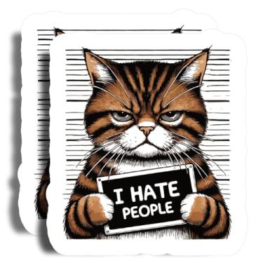 Imagem de Adesivos para fotos de caneca I Hate People Angry Cat - 12,7 cm no lado mais longo - fofo engraçado - pacote com 2 - adesivo alto - adesivos de para-choque para carros, caminhões, SUV - Feito nos EUA
