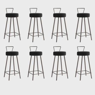 Imagem de Kit 08 Banqueta Alta Com Encosto Tais Eiffel Cozinha Bar Bistrô Ferro Marrom Suede Preto - Ahz Móveis