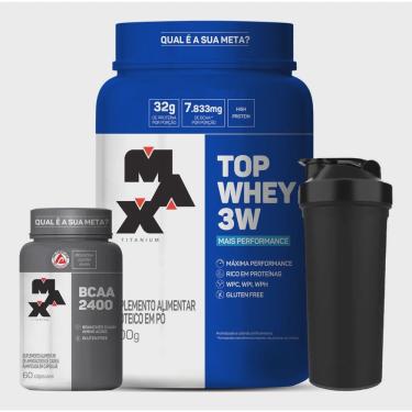 Imagem de Kit Massa Muscular - Top Whey 3w (morango) + Bcaa + Coqueteleira