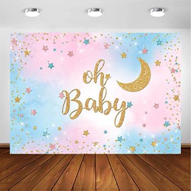 Imagem de Avezano Pano de fundo revelador de gênero aquarela nuvens rosa ou azul Oh pano de fundo de bebê lua e estrela chá de bebê fotografia de fundo cabine de fotos decorações de festa (2,4 x 1,8 m)